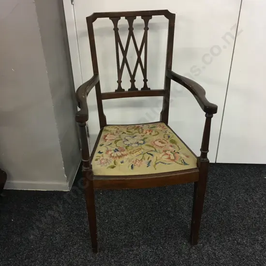 Antique Sheraton Style Armchair Tapestry Upholstery