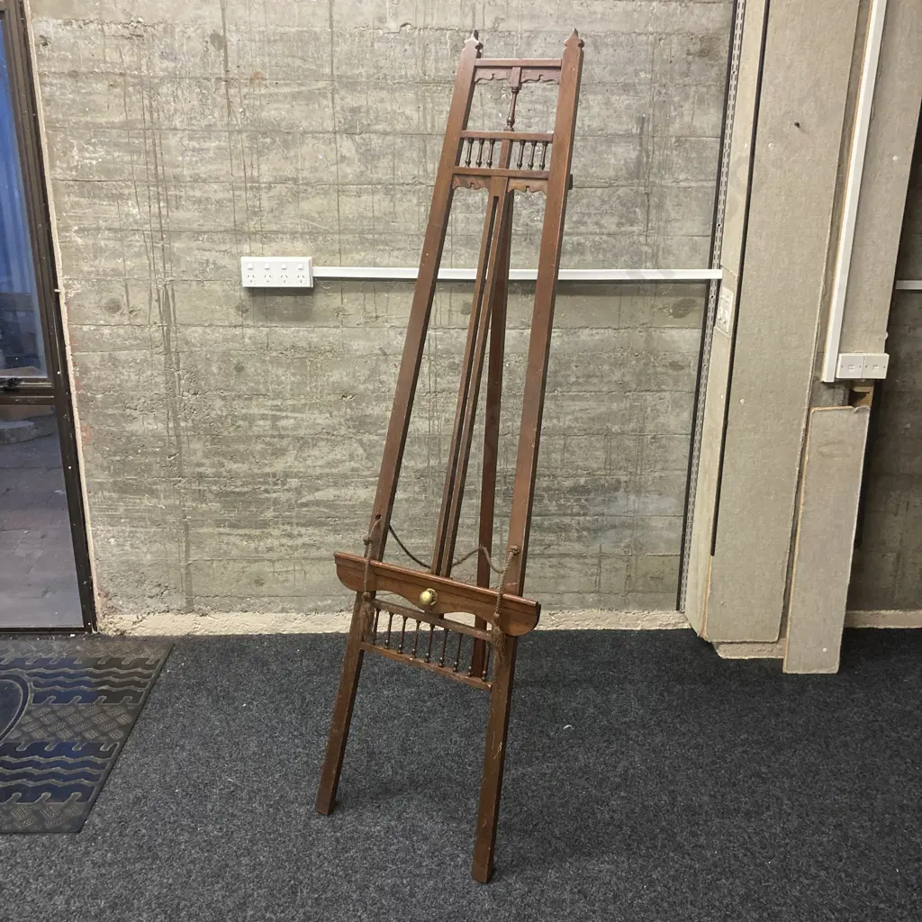 Antique Victorian Oak Painters Display Easel. c.1900, Brass Fittings, Adjustable Shelf Slider. H187cm (As Found) Image 1++