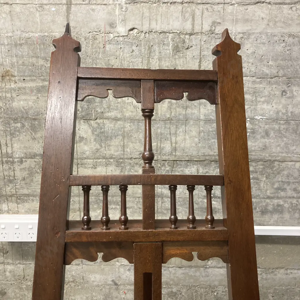 Antique Victorian Oak Painters Display Easel. c.1900, Brass Fittings, Adjustable Shelf Slider. H187cm (As Found) Image 1++