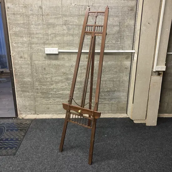 Antique Victorian Oak Painters Display Easel. c.1900, Brass Fittings, Adjustable Shelf Slider. H187cm (As Found)