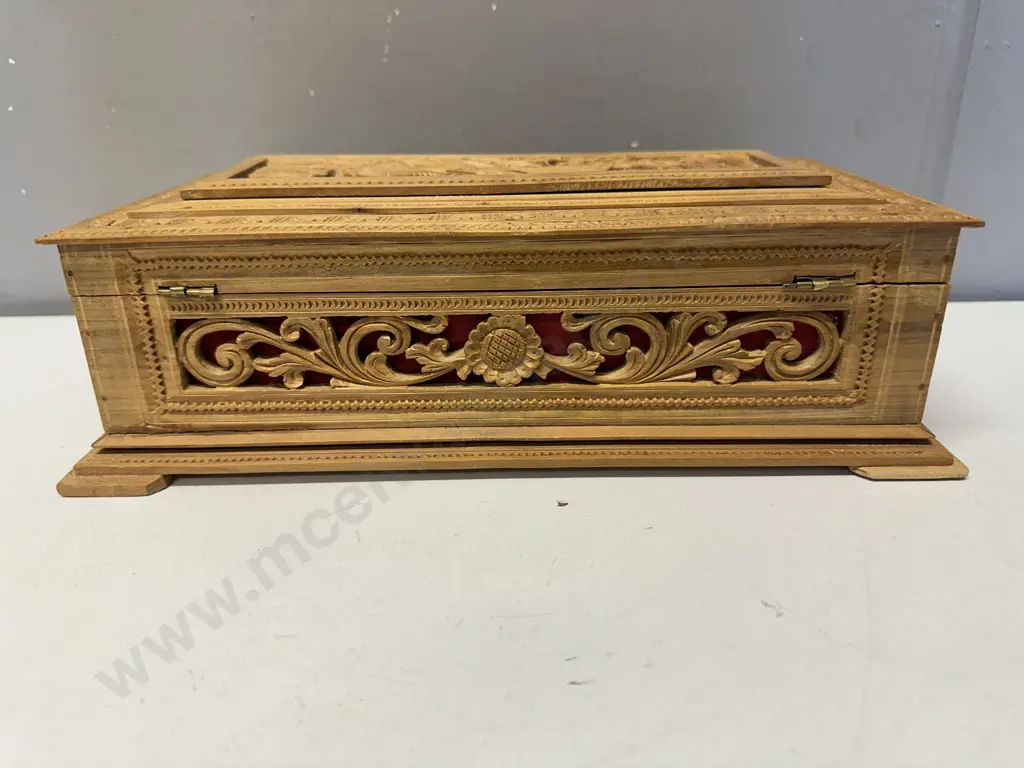 Vintage Carved Wood Box, Peacocke Detail (Hinge As Found). H90 W32 D17cm Image 1++