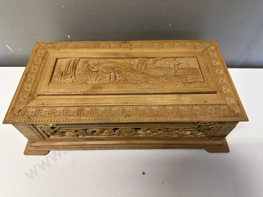 Vintage Carved Wood Box, Peacocke Detail (Hinge As Found). H90 W32 D17cm Image 1++