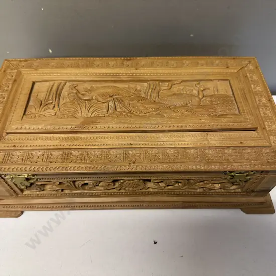 Vintage Carved Wood Box, Peacocke Detail (Hinge As Found). H90 W32 D17cm