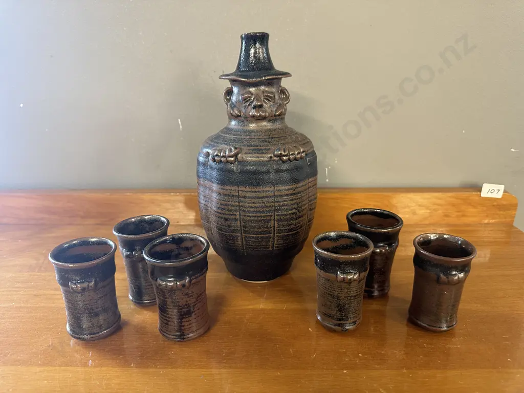Vintage Pottery Decanter And Six Beakers   Image 1++
