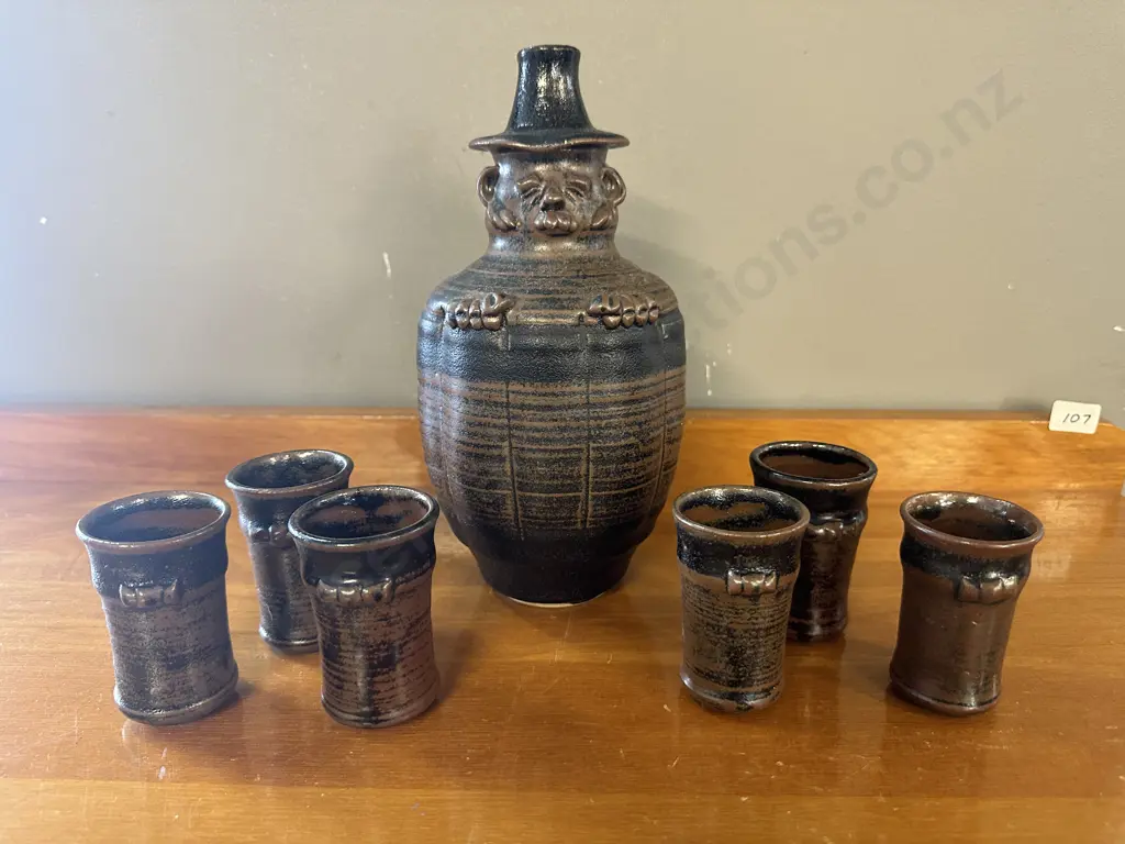 Vintage Pottery Decanter And Six Beakers   Image 1++