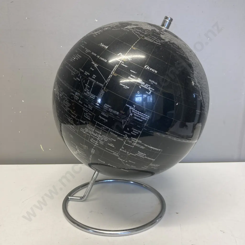 Art Deco Black & Silver Rotating 9" Geographical Globe On Stand Image 1++
