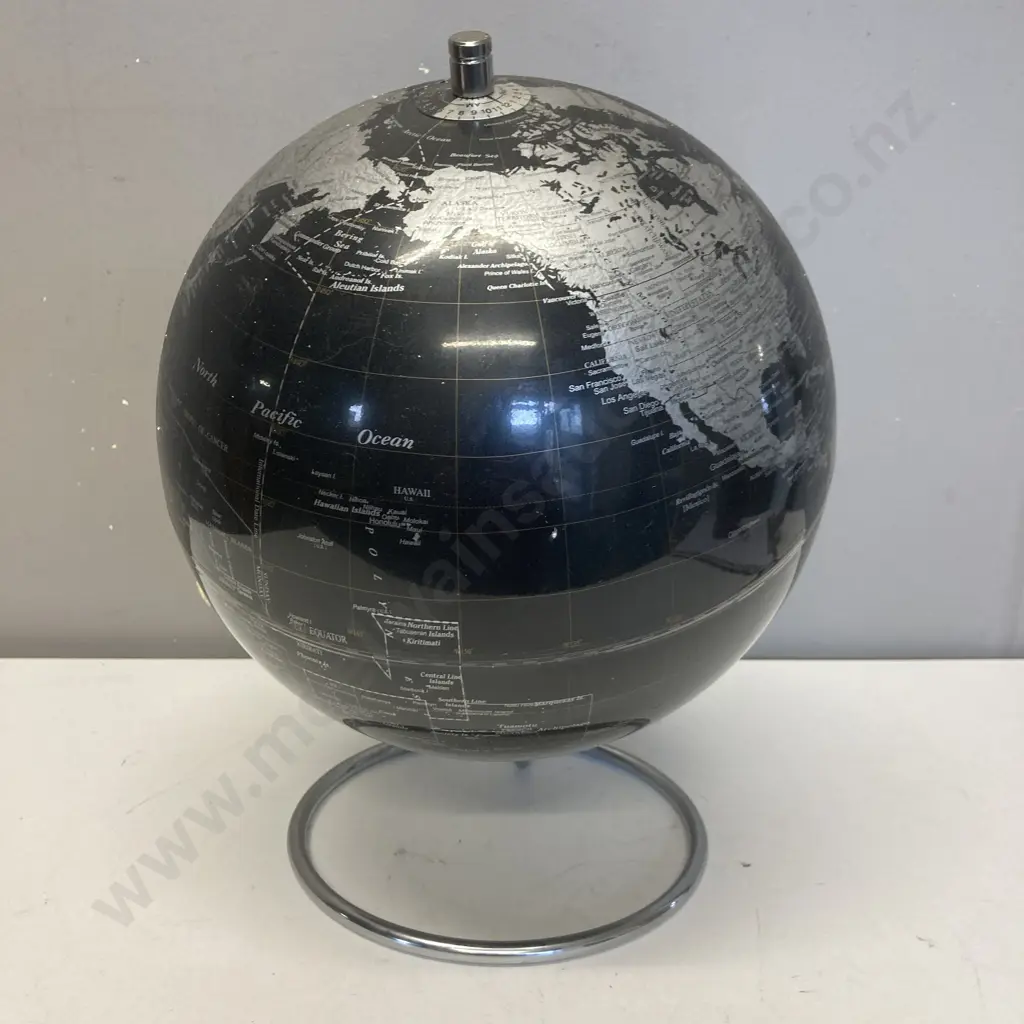 Art Deco Black & Silver Rotating 9" Geographical Globe On Stand Image 1++
