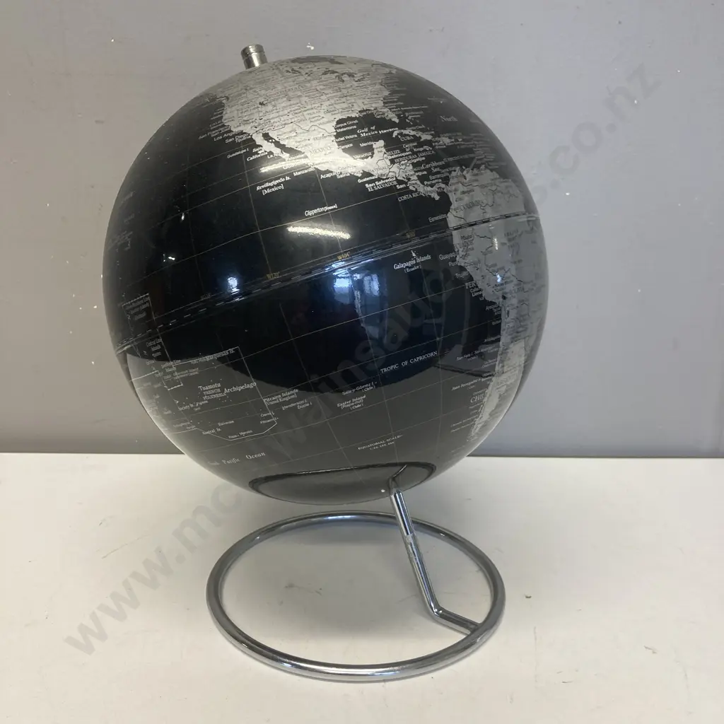 Art Deco Black & Silver Rotating 9" Geographical Globe On Stand Image 1++