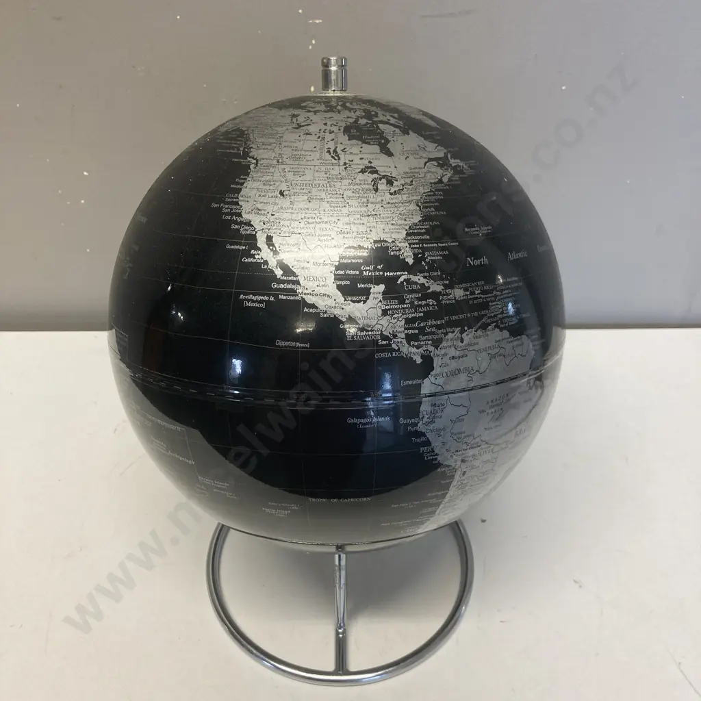 Art Deco Black & Silver Rotating 9" Geographical Globe On Stand Image 1++