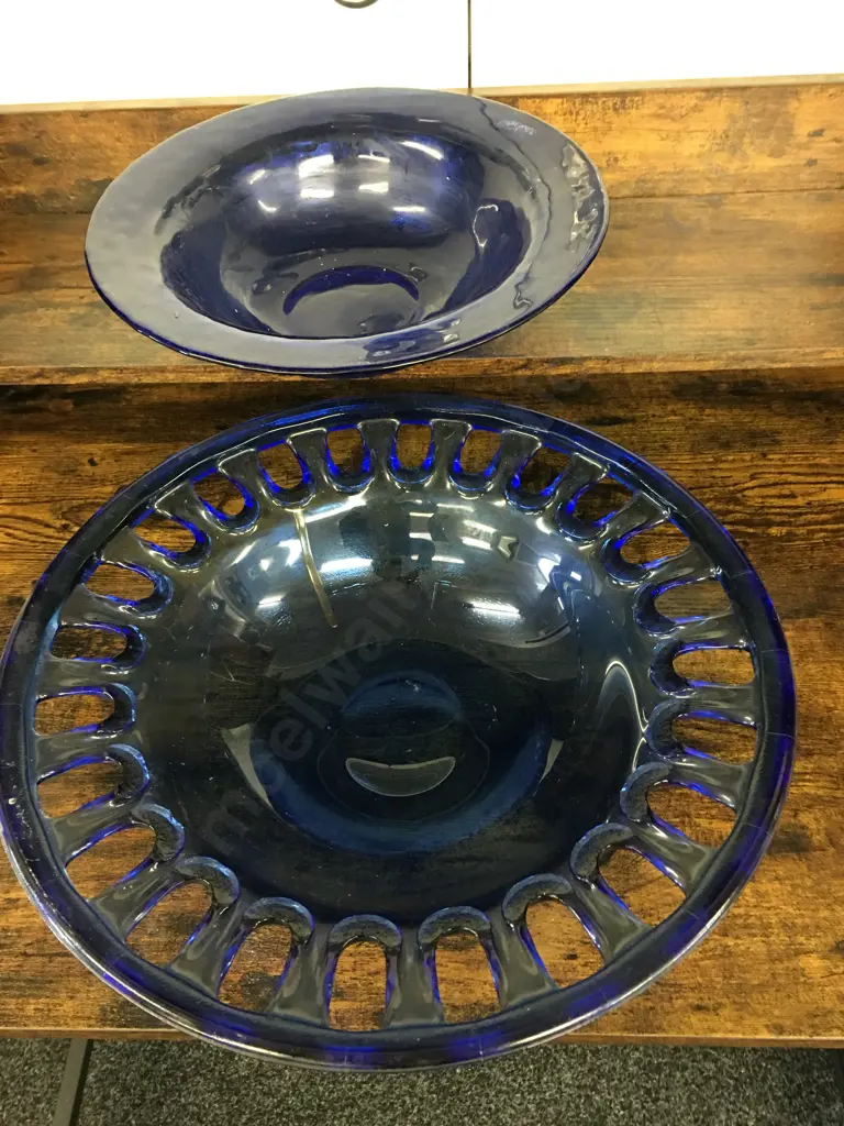 Vintage Cobalt Blue Art Glass Bowl, Lattice Edge & Blue Glass Bowl Image 1++