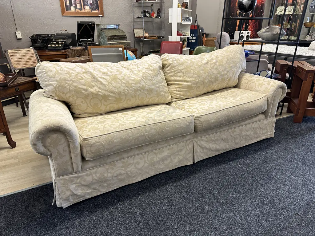 Cream Brocade 2 Seater Sofa, Rolled Arms. L220cm Image 1++