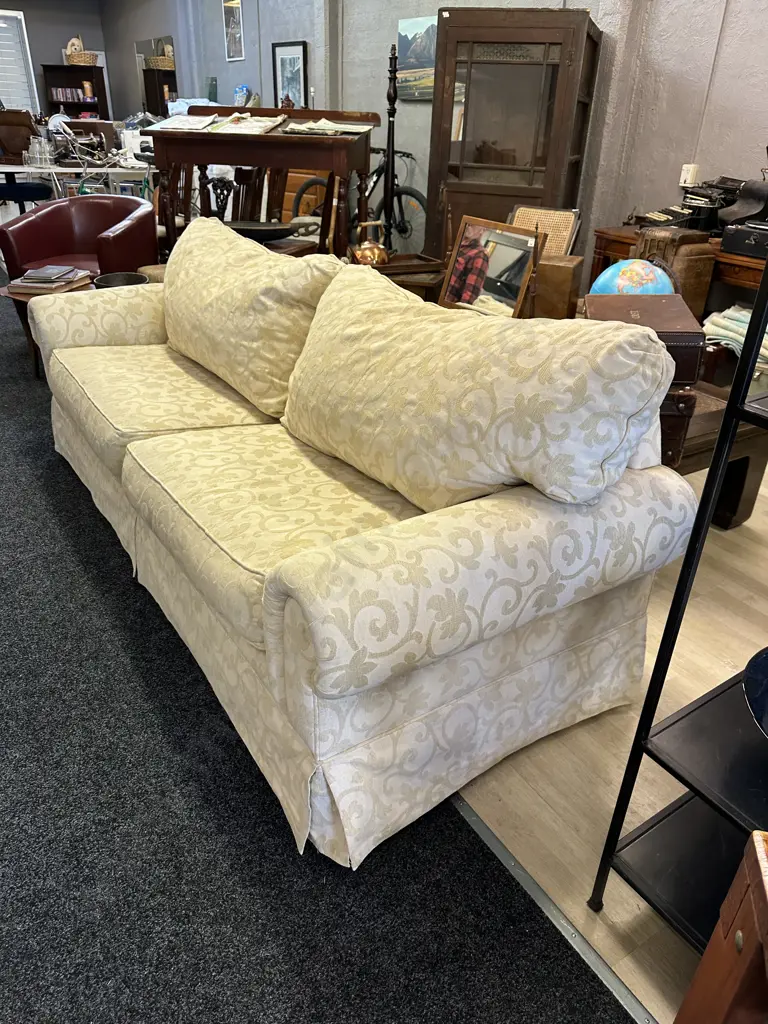 Cream Brocade 2 Seater Sofa, Rolled Arms. L220cm Image 1++