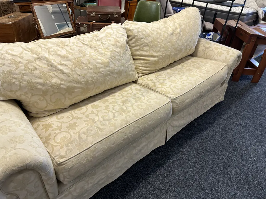 Cream Brocade 2 Seater Sofa, Rolled Arms. L220cm Image 1++