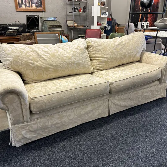 Cream Brocade 2 Seater Sofa, Rolled Arms. L220cm