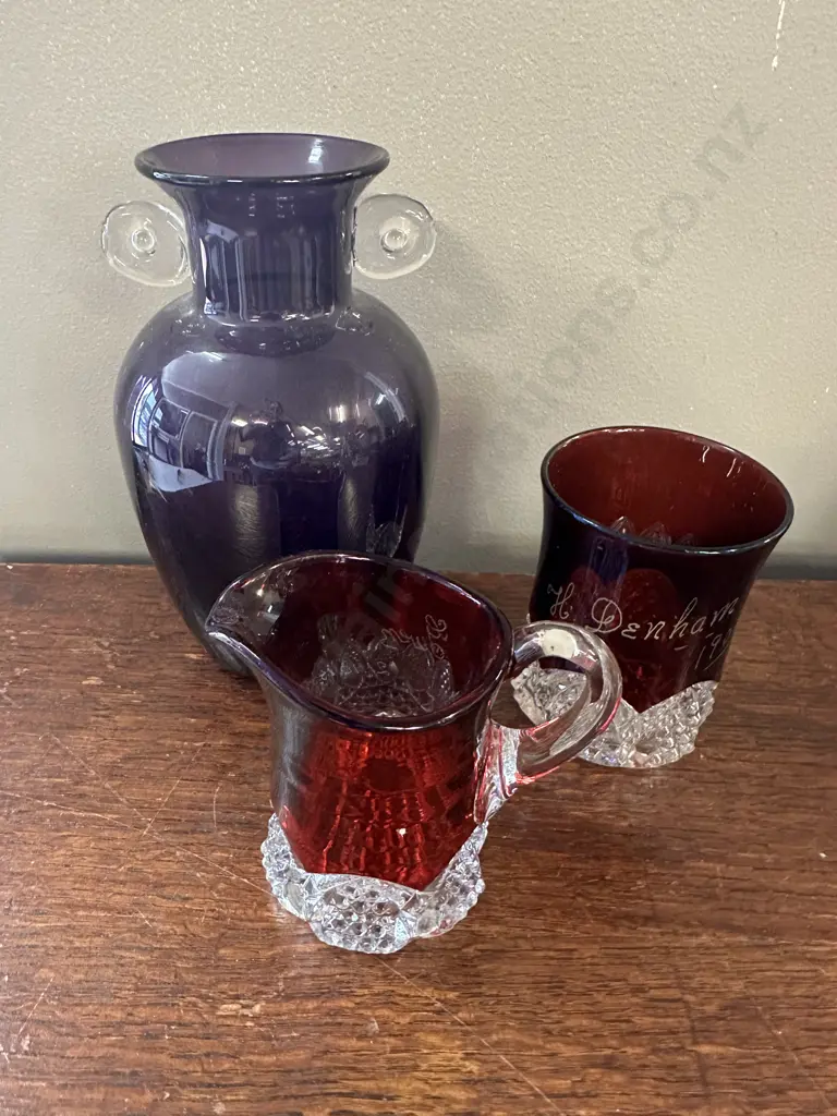 Antique Miniature Ruby Red Glass Pitcher, Mug & Art Glass Vase  Image 1++