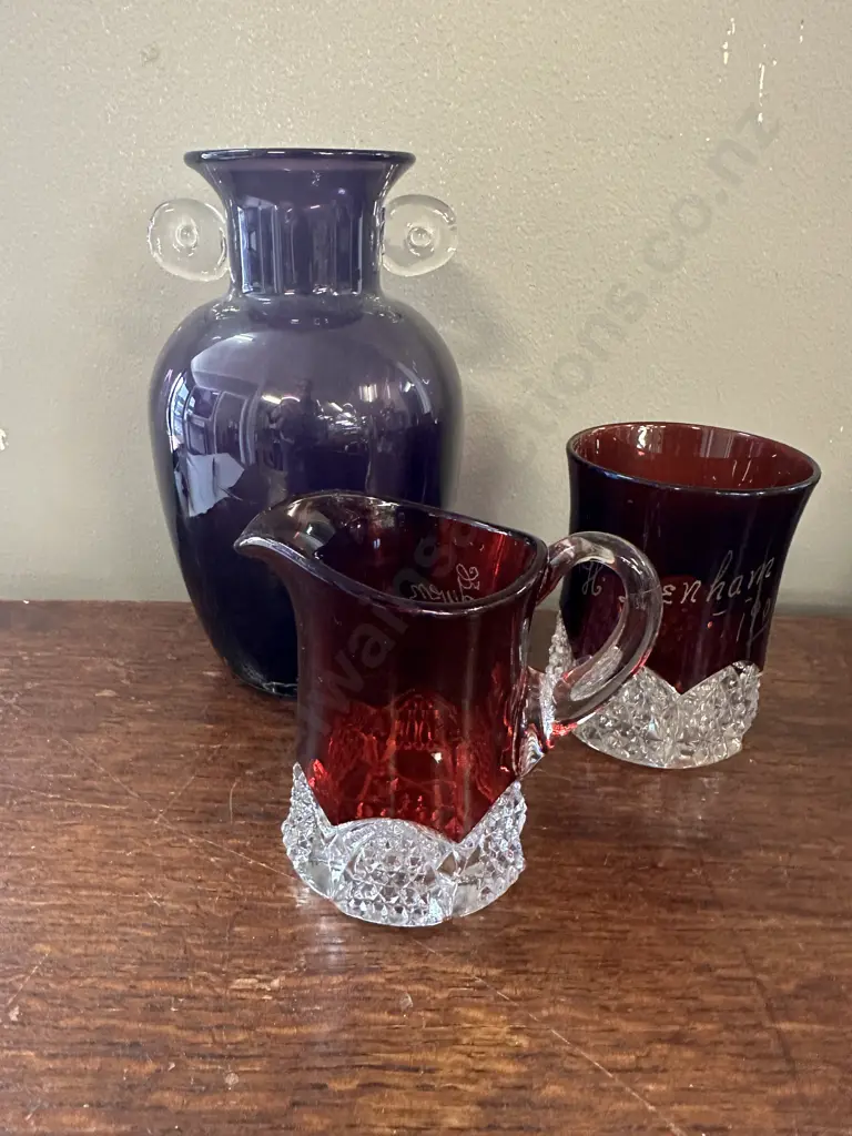 Antique Miniature Ruby Red Glass Pitcher, Mug & Art Glass Vase  Image 1++