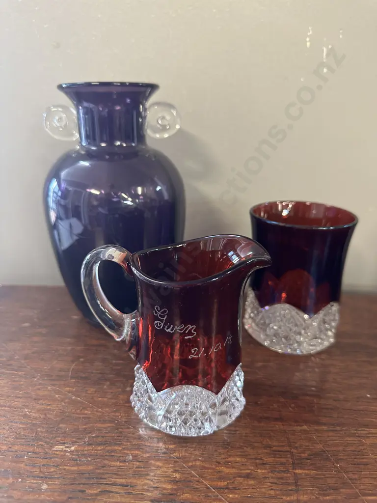 Antique Miniature Ruby Red Glass Pitcher, Mug & Art Glass Vase  Image 1++