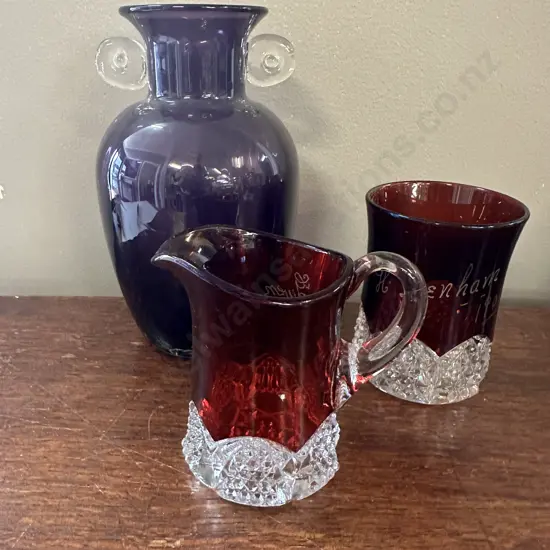 Antique Miniature Ruby Red Glass Pitcher, Mug & Art Glass Vase 