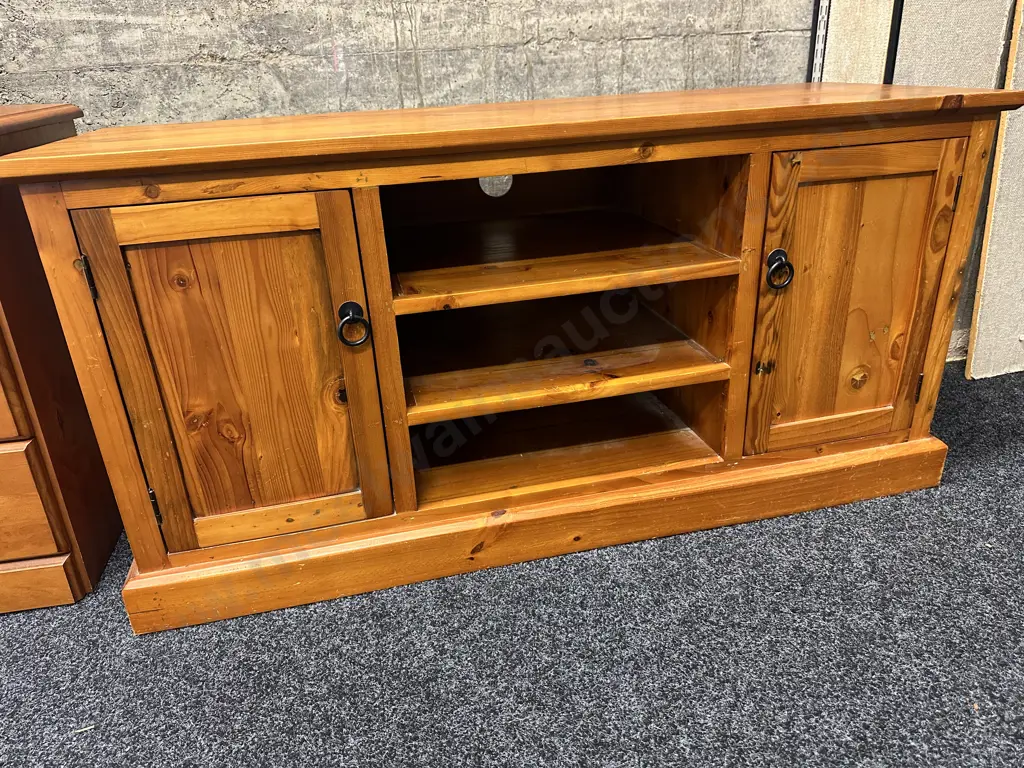 Pine TV Stand, 2 Drawer, 3 Shelves, Ring Handles. H59 W120 D45cm Image 1++