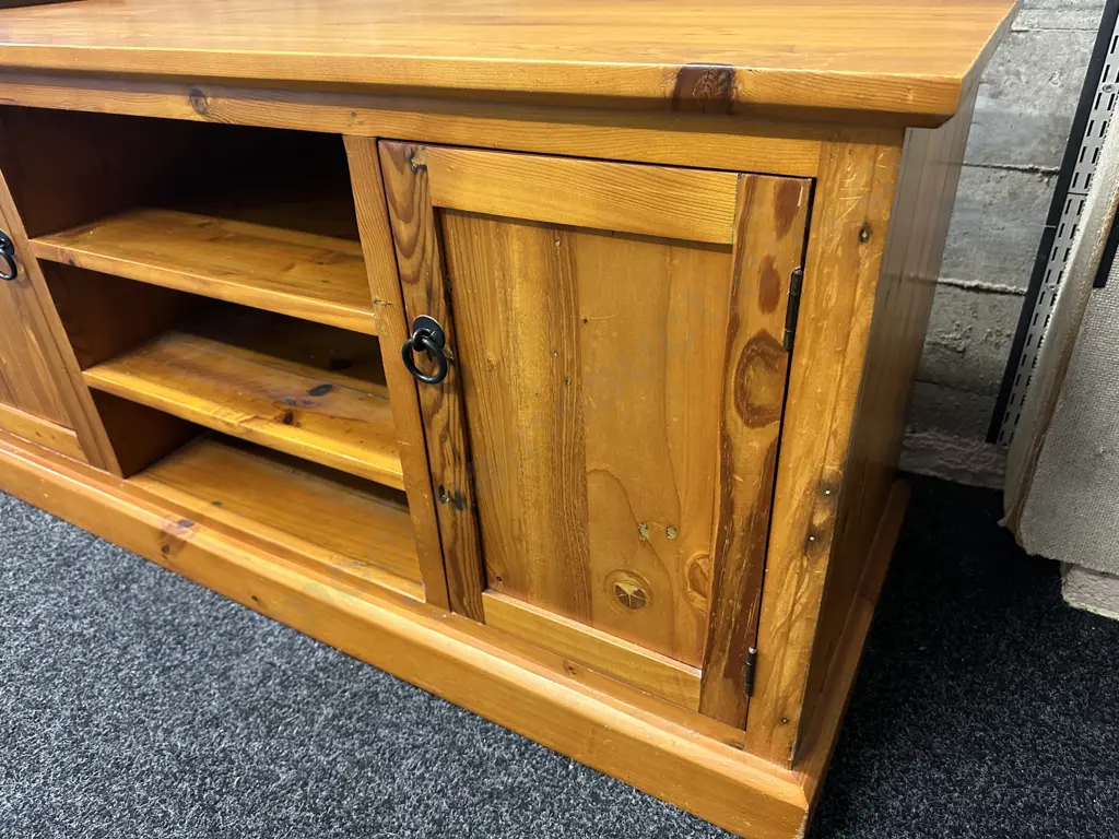 Pine TV Stand, 2 Drawer, 3 Shelves, Ring Handles. H59 W120 D45cm Image 1++