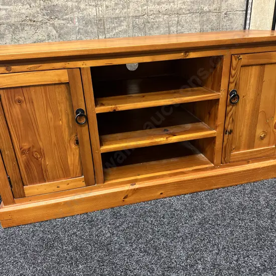 Pine TV Stand, 2 Drawer, 3 Shelves, Ring Handles. H59 W120 D45cm