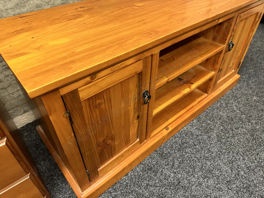 Rimu Side Cabinet, Single Glass Door, 3 Drawer With Metal Handles. H73 W107 D55cm Image 1++