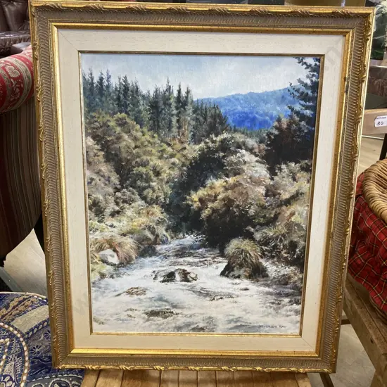 Original Oil Painting of A River Scene Signed Beverley Ray, Ornate Gilt Framed. 58 x 48cm