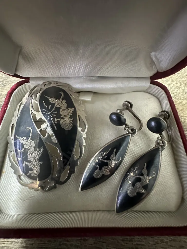 Art Deco Siam 925 Sterling Silver & Enamel Brooch & Earrings Image 1++