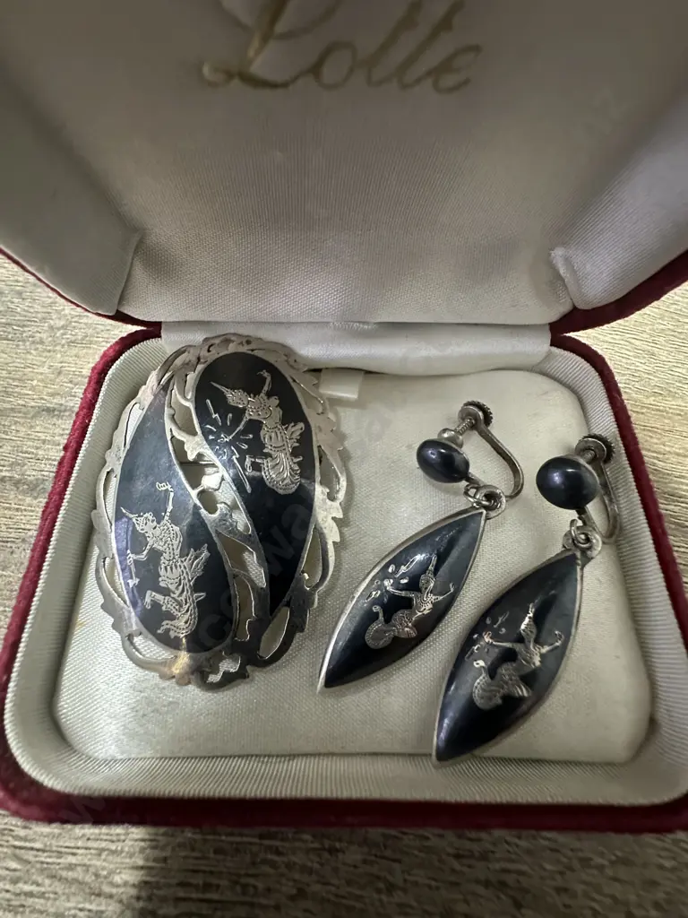 Art Deco Siam 925 Sterling Silver & Enamel Brooch & Earrings Image 1++