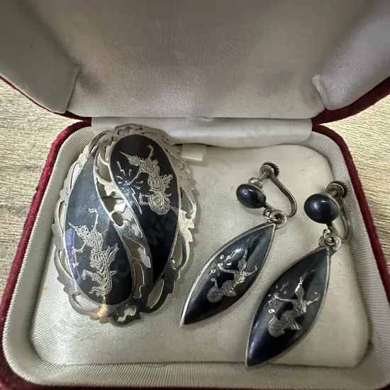Art Deco Siam 925 Sterling Silver & Enamel Brooch & Earrings