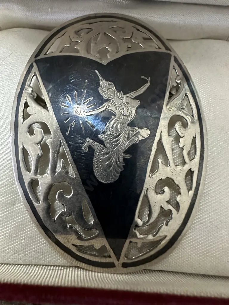 Art Deco Siam 925 Sterling Silver & Enamel Brooch Image 1++