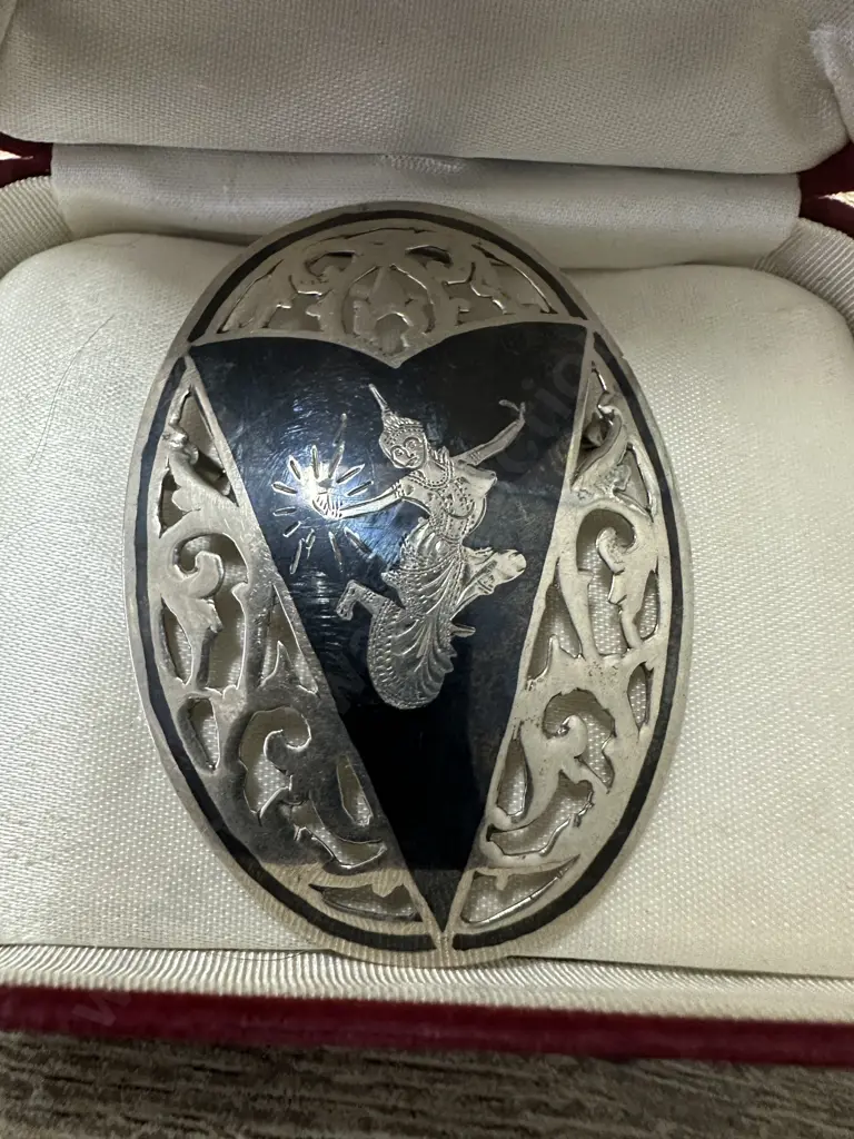 Art Deco Siam 925 Sterling Silver & Enamel Brooch Image 1++