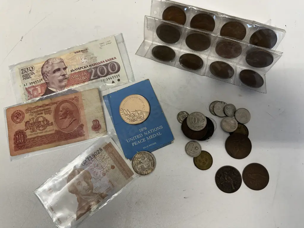 Selection of Notes & Coins Including Australian Florin Etc Image 1++