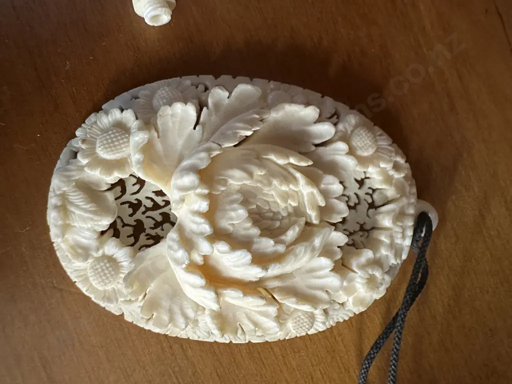 Chrysanthemum Carved Ivory Pendant With Bead Toggle Image 1++
