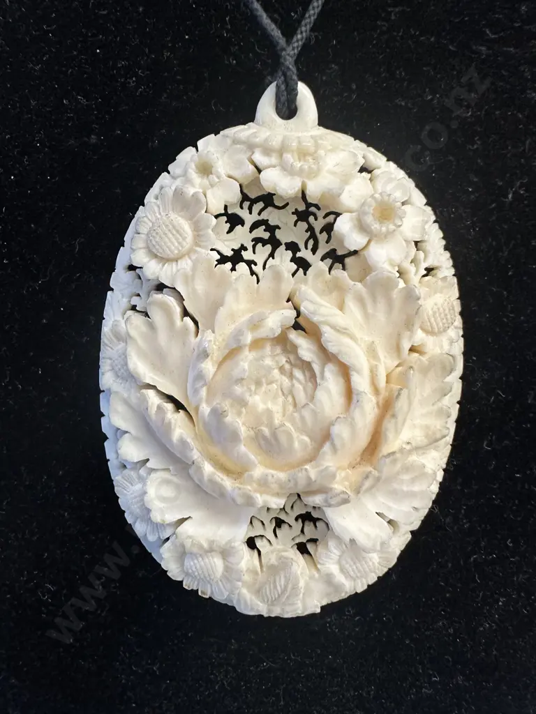 Chrysanthemum Carved Ivory Pendant With Bead Toggle Image 1++