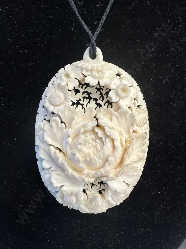 Chrysanthemum Carved Ivory Pendant With Bead Toggle Image 1++
