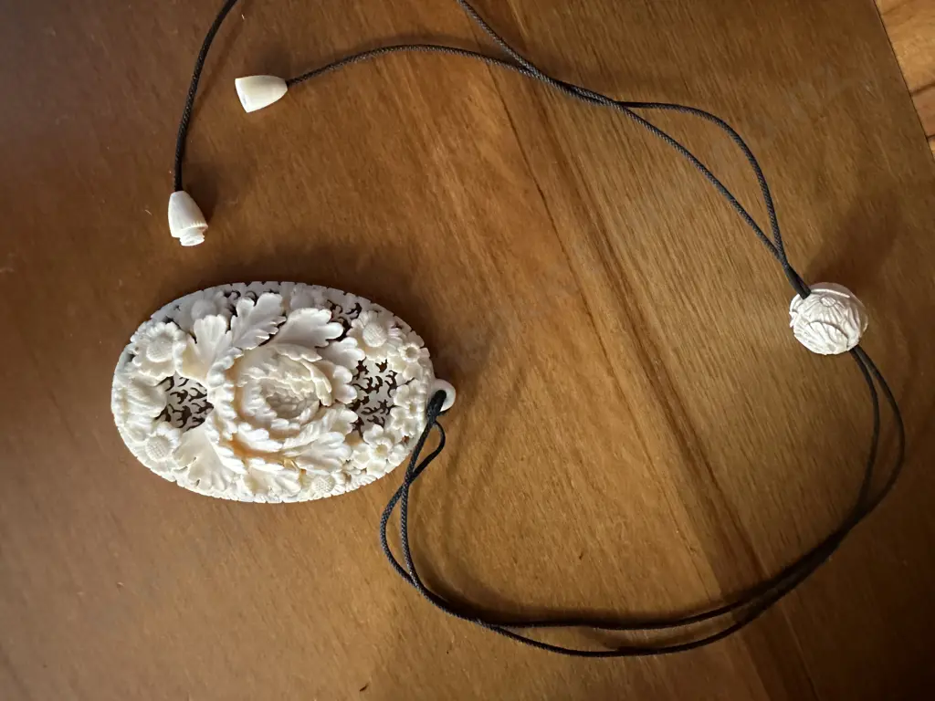 Chrysanthemum Carved Ivory Pendant With Bead Toggle Image 1++