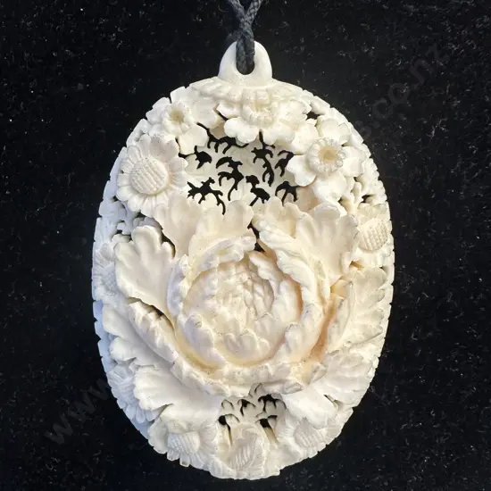 Chrysanthemum Carved Ivory Pendant With Bead Toggle