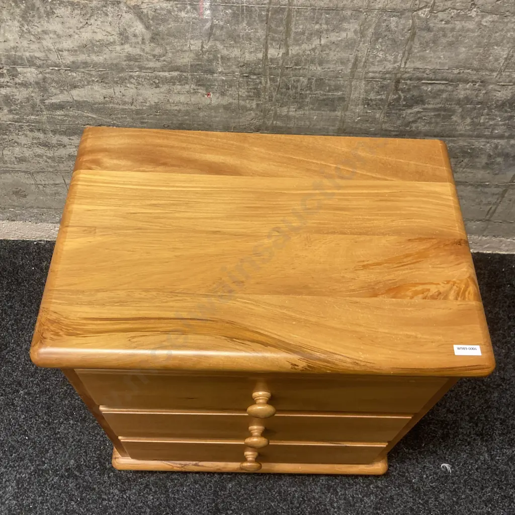 Heavy Rimu 3 Drawer Bedside Cabinet, Knob Handles & Bun Feet. H61 W54 D36cm Image 1++