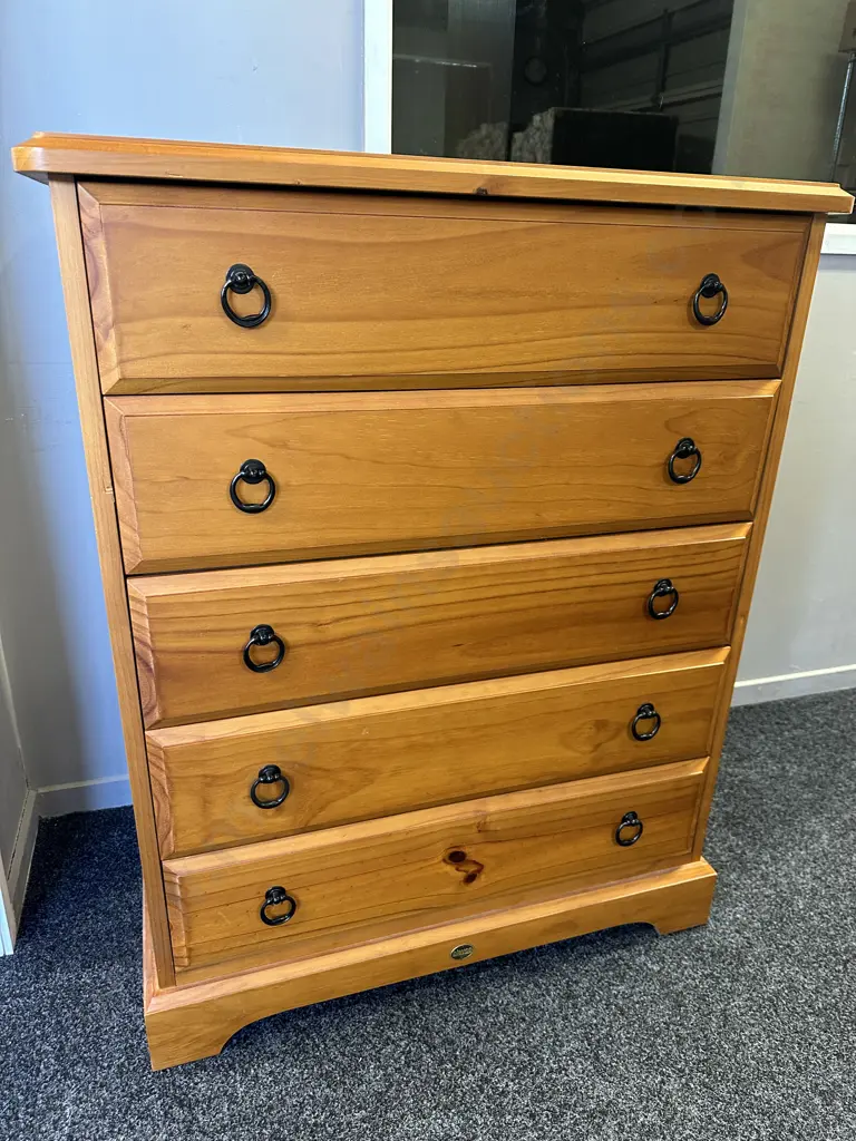 Pine 5 Drawer tallboy, Black Ring Handles. H108 W86 D40cm Image 1++