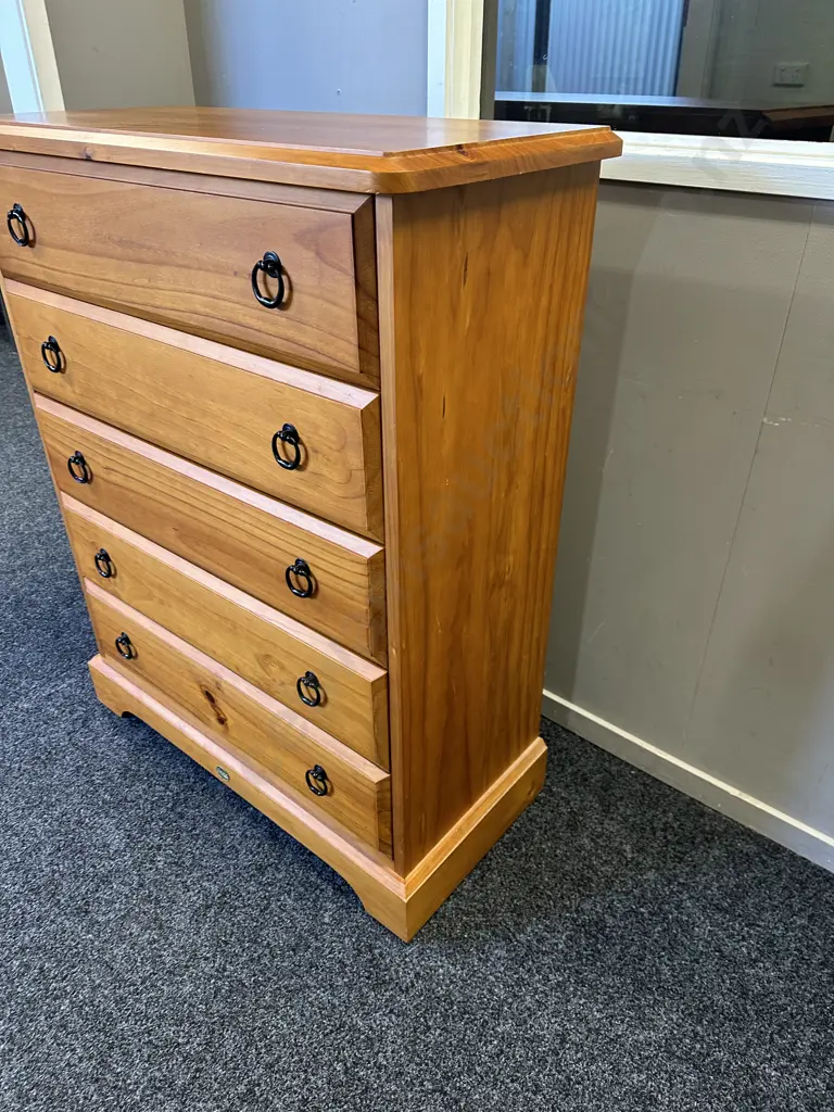 Pine 5 Drawer tallboy, Black Ring Handles. H108 W86 D40cm Image 1++
