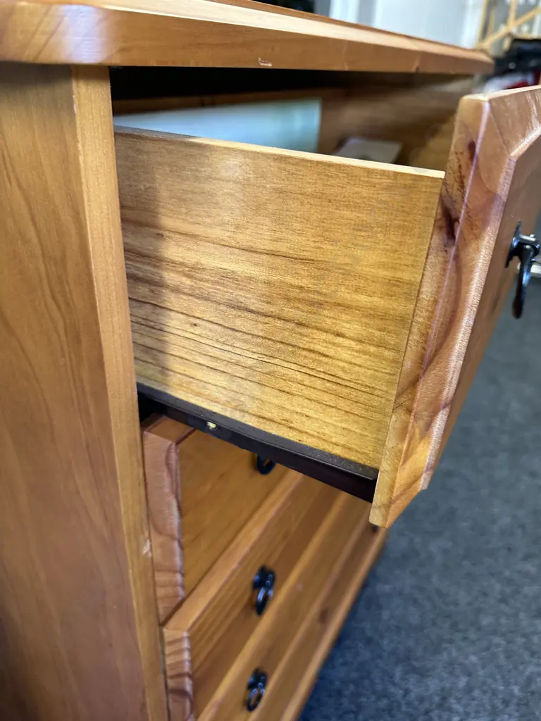 Pine 5 Drawer tallboy, Black Ring Handles. H108 W86 D40cm Image 1++