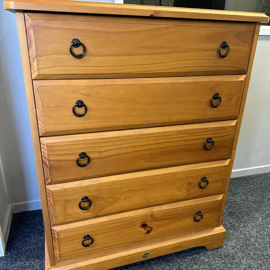 Pine 5 Drawer tallboy, Black Ring Handles. H108 W86 D40cm