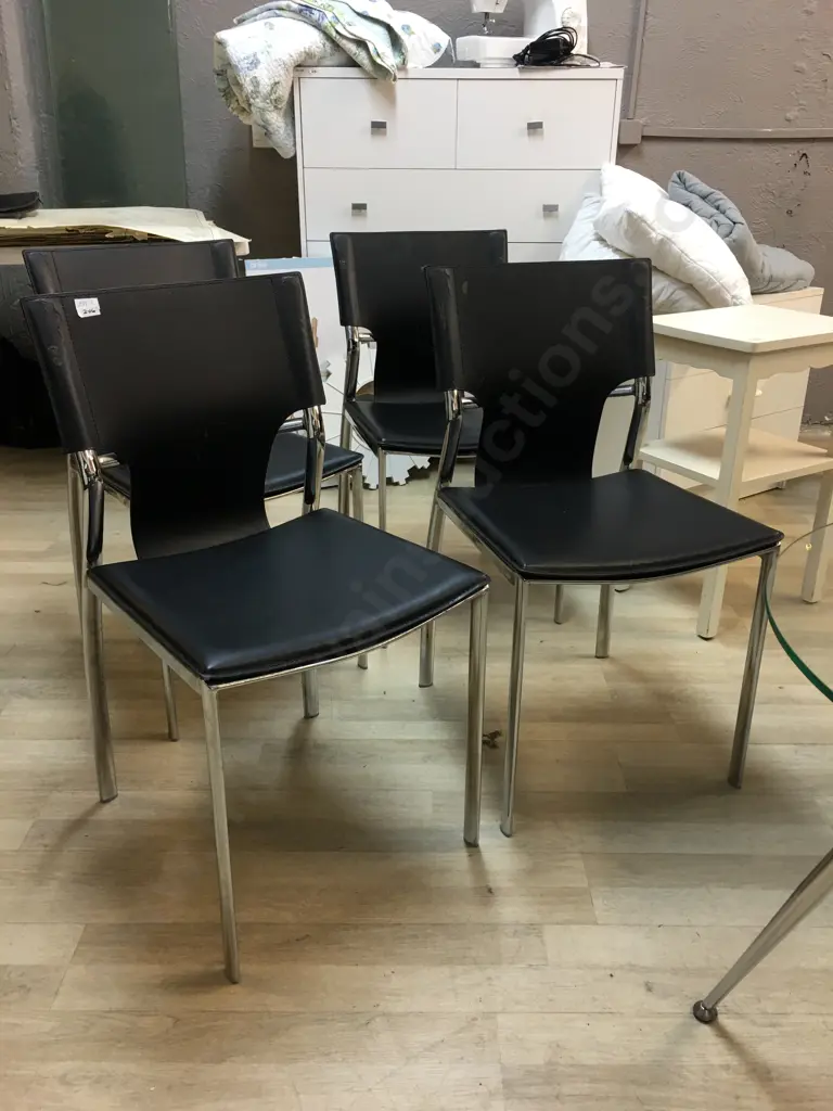 Set of Dining Chairs, Black Leather & Polished Steel Base (some peeling) Image 1++