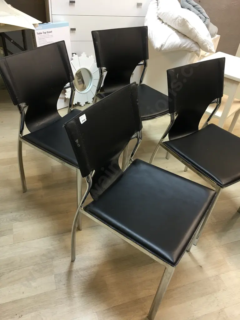 Set of Dining Chairs, Black Leather & Polished Steel Base (some peeling) Image 1++