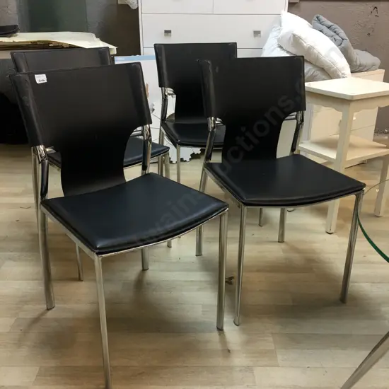 Set of Dining Chairs, Black Leather & Polished Steel Base (some peeling)