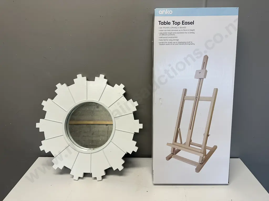 White Round Mirror, Anko Table Top Easel Image 1++