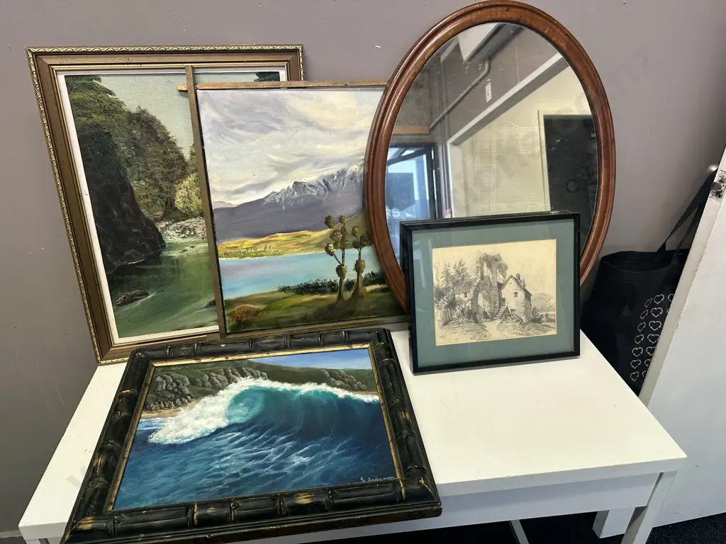 Assorted Artworks & Wooden Framed Oval Mirror. 65 x 50cm Image 1++