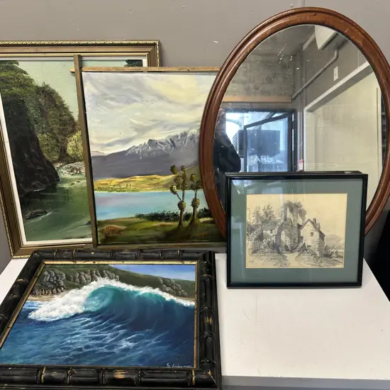Assorted Artworks & Wooden Framed Oval Mirror. 65 x 50cm