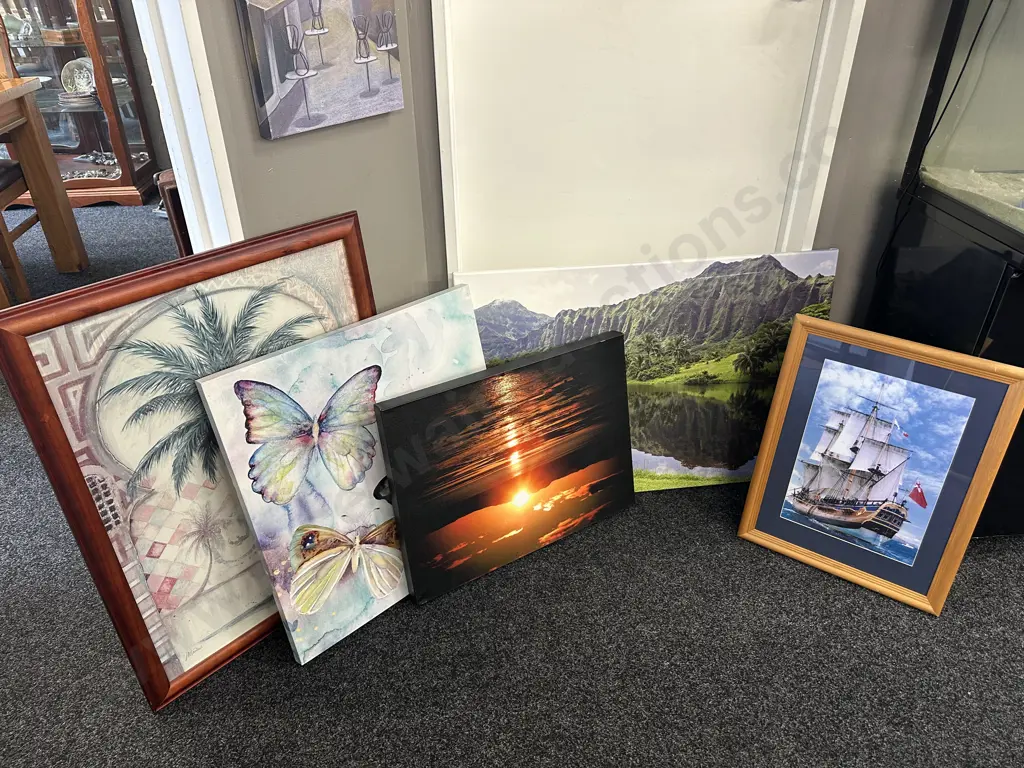 Assorted Artworks Including Pictures On Canvas, Framed Ship & Palm Trees Image 1++